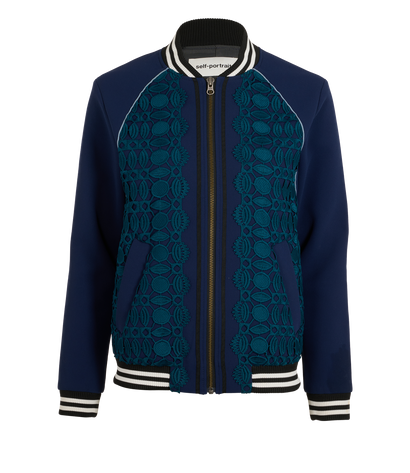 Self-Portrait Laced Bomber Jacket, &pound;150, Clothing, Green/Navy, Polyester, Front view