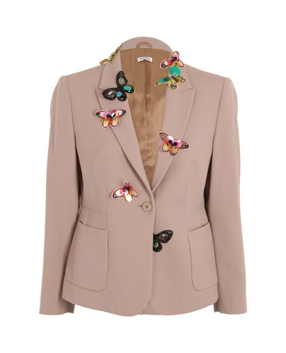 Miu Miu Butterfly Embellished Jacket, &pound;295, Clothing, Taupe, Wool, Front view