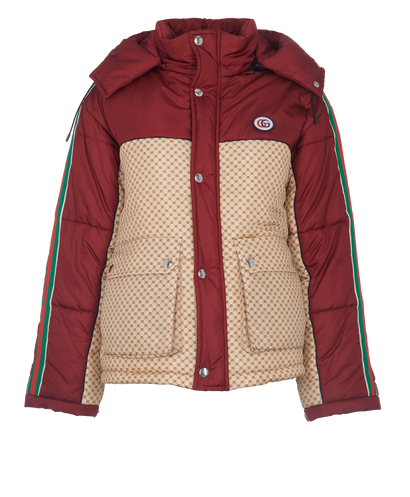 Gucci Interlocking G Puffer Jacket, £850, Clothing, Beige/Burgundy, Polyester (Polymer), Front view