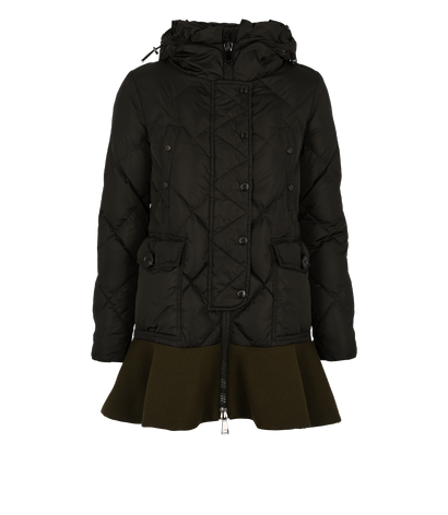 Moncler Hooded Peplum Puffer Jacket, £380, Clothing, Khaki, Down Feathers, Front view
