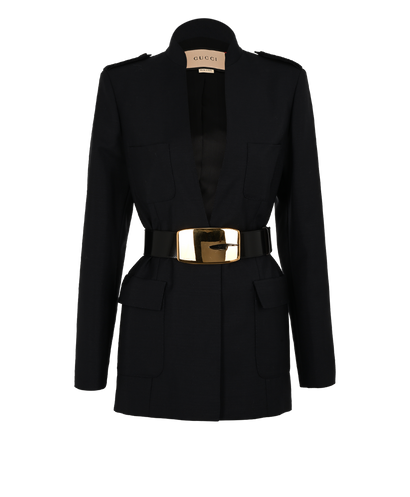 Gucci 2023 Belted Blazer, £1,500, Clothing, Navy, Silk/Wool, Front view