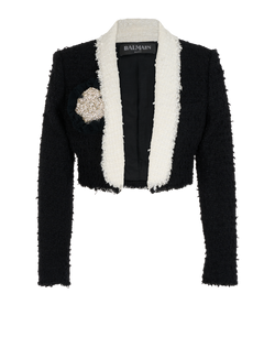 Balmain Crop Tweed Blazer, Wool, Black, UK 6, 2*