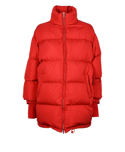 Prada Logo Velcro Tape Puffer Jacket, £495, Clothing, Red, Down Feathers, Front view