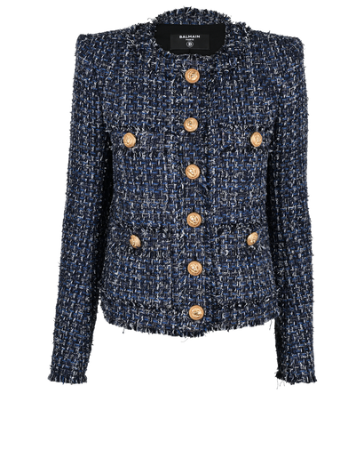 Balmain Tweed Blazer, &pound;550, Clothing, Blue, Cotton/Polyester (Polymer), Front view