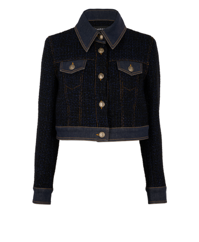 Chanel Tweed And Denim Jacket, &pound;1,800, Clothing, Blue, Polyester Mix, Front view