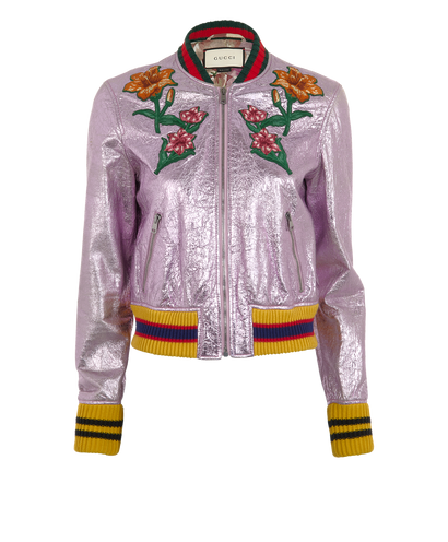 Gucci Floral Embroidered Metallic Bomber Jacket, &pound;695, Clothing, Purple, Lambskin Leather, Front view