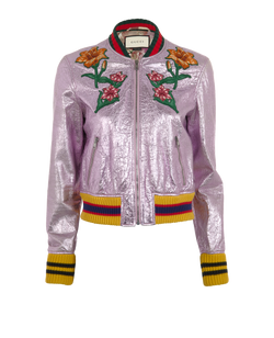 Gucci Floral Embroidered Metallic Bomber Jacket, Lamb Lthr, Purple,UK10,3*