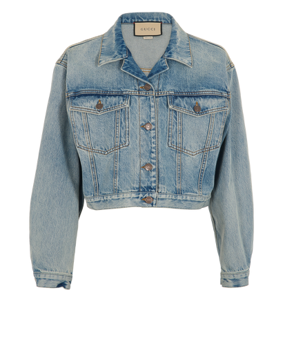 Gucci Logo Print Washed Cropped Jacket, &pound;450, Clothing, Blue, Cotton, Front view