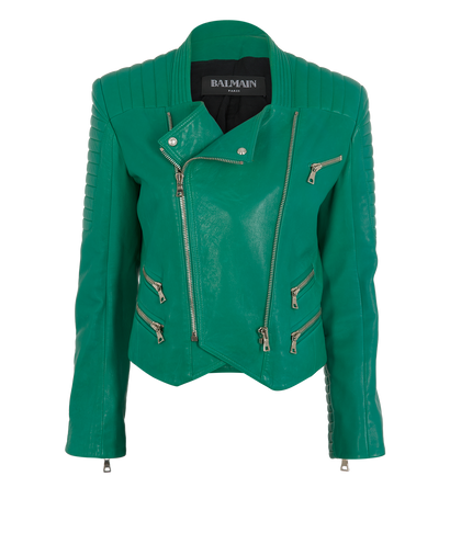 Balmain Biker Jacket, &pound;550, Clothing, Green, Lambskin Leather, Front view