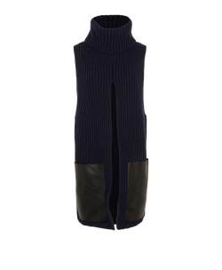 Celine Vintage Ribbed Vest, Wool/Leather, Navy, Sz S, 2*