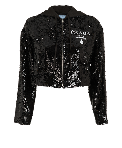 Prada Cropped Logo Sequin Jacket, &pound;1,300, Clothing, Black, Viscose, Front view