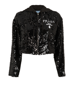 Prada Cropped Logo Sequin Jacket,Viscose, Black, UK4, 3*