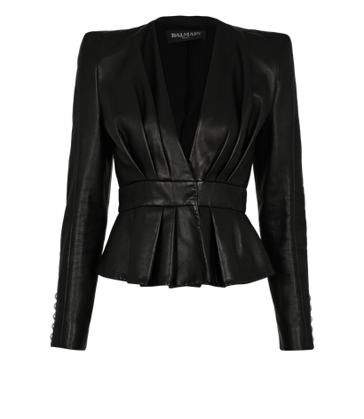 Balmain Peplum Jacket, £395, Clothing, Black, Leather, Front view