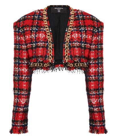 Balmain Bolero Checked Boucle Jacket, £750, Clothing, Red, Wool, Front view