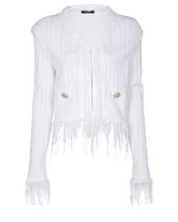 Balmain Fringed V Neck Jacket, Viscose, White, UK10, 3*
