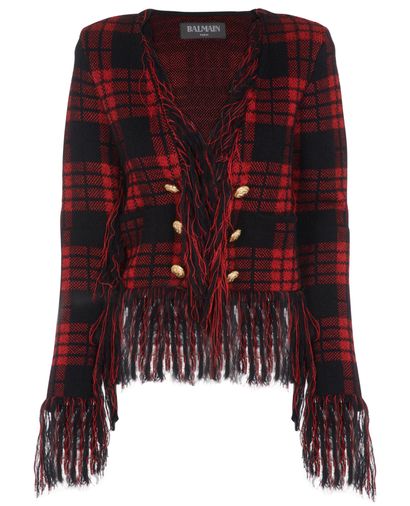 Balmain Fringed Check Jacket, &pound;450, Clothing, Black/Red, Wool, Front view