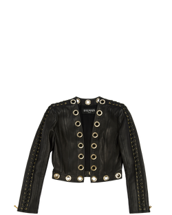 Balmain Cropped Eyelets Jacket, Leather, Black, UK10, 3*