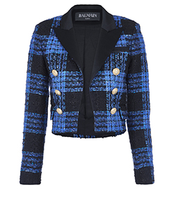 Balmain Check Weave Mini Crop Jacket, Polyester/Mohair, Black/Blue, 8, 2*
