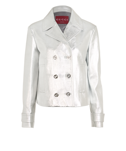Gucci Double Breasted Metallic Jacket, &pound;595, Clothing, Silver, Leather, Front view