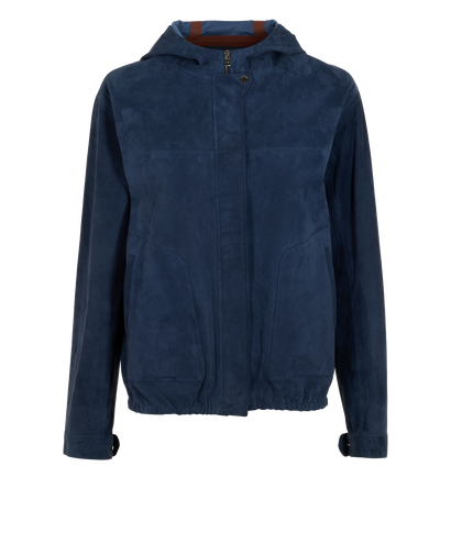Loro Piana Hooded Zip-Up Jacket, &pound;1,200, Clothing, Navy, Goatskin/Suede, Front view