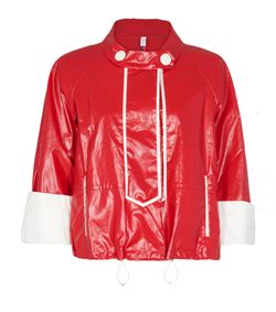Moncler Cropped Waterproof Jacket, Cotton, Red/White, Sz M