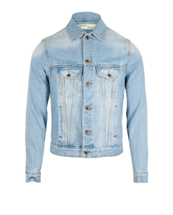 Off-White Spray Here Print Denim Jacket, Cotton, Blue, Sz XS, 3*