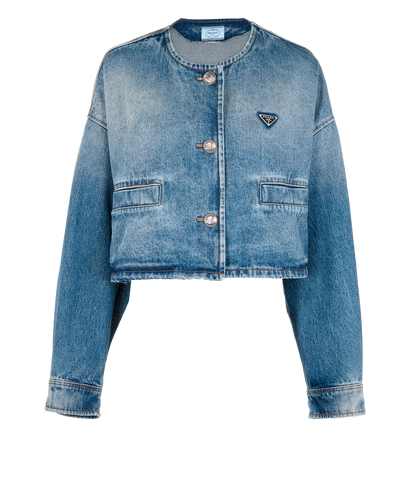Prada Logo Cropped Denim Jacket, &pound;450, Clothing, Blue, Cotton, Front view