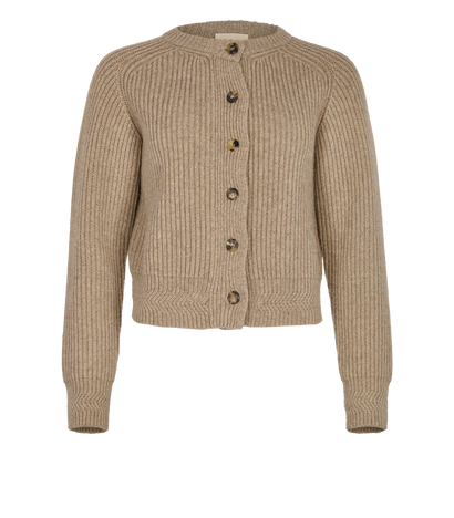 Khaite Crew Neck Ribbed Cardigan, &pound;275, Clothing, Beige, Cashmere, Front view