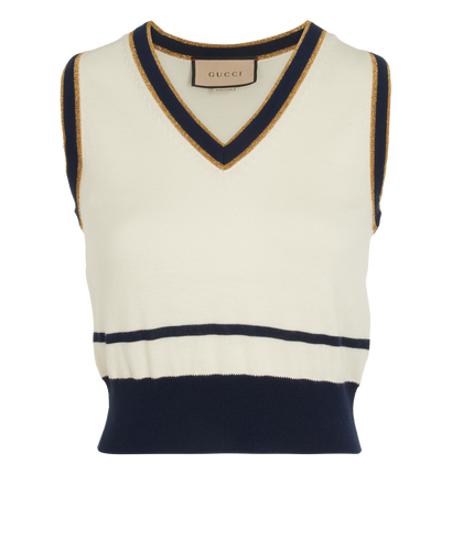 Gucci Cropped Metallic Striped Vest, &pound;295, Clothing, Navy/White, Wool, Front view