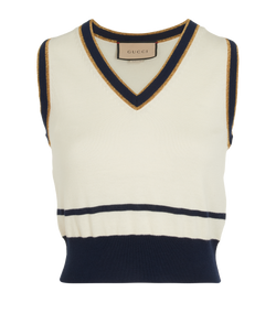 Gucci Cropped Metallic Striped Vest, Wool, White/Navy, Sz 2XS, 3*