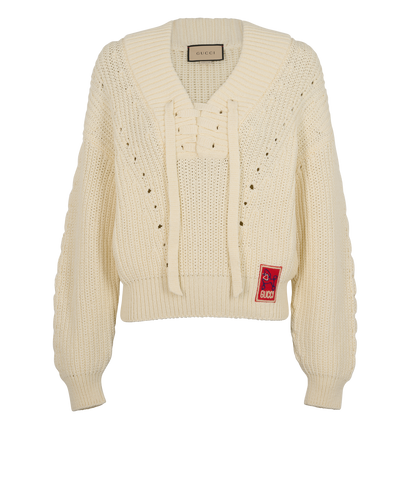 Gucci Lace-Up V-Neck Ribbed Jumper, &pound;295, Clothing, Cream, Cotton/Polyester, Front view