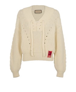 Gucci Lace-Up V-Neck Ribbed Jumper, Cotton/Poly, Cream, Sz S, 3*