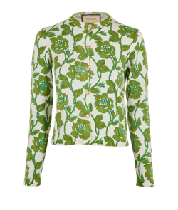 Gucci Floral Print Cardigan, Wool, Green/Cream, UK6, 2*