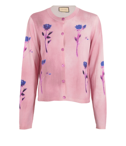 Gucci Floral Print Cardigan, &pound;250, Clothing, Pink, Silk/Wool, Front view