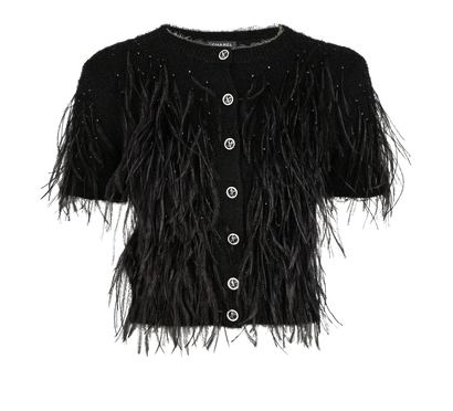Chanel Feathers Cardigan, £2,100, Clothing, Black, Cotton/Silk, Front view