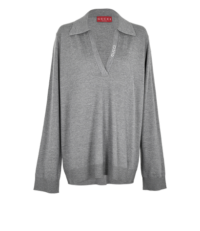 Gucci V-Neck Polo Jumper, £380, Clothing, Grey, Wool, Front view