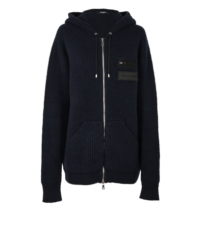 Balmain Logo Zipped Hooded Cardigan, £280, Clothing, Navy, Cashmere/Wool, Front view