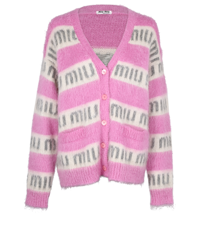 Miu Miu Logo Cardigan Mohair/Poly, &pound;495, Clothing, Pink/White, Mohair/Polyester (Polymer), Front view