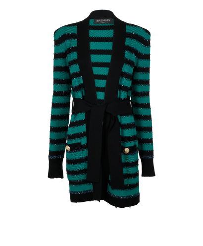 Balmain Sequin Striped Cardigan, &pound;320, Clothing, Black/Green, Viscose, Front view
