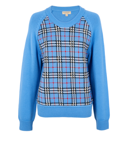 Burberry Knitted Plaid Jumper, &pound;230, Clothing, Blue, Wool, Front view