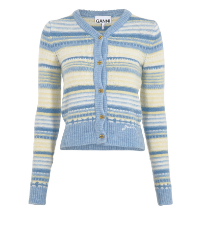 Ganni Soft Stripe Cardigan, &pound;110, Clothing, Blue/White, Wool, Front view