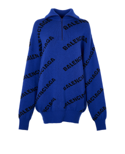 Balenciaga Logo Quarter Zip, Wool, Blue, Sz S, 2*