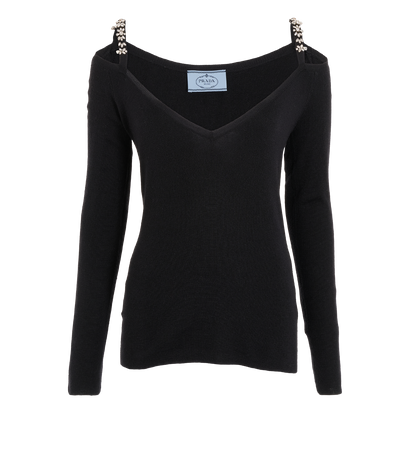 Prada Crystal V-Neck Sweater, &pound;295, Clothing, Black, Cashmere/Silk, Front view