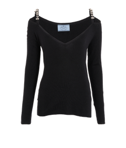 Prada Crystal V-Neck Sweater, Cashmere/Silk, Black, UK12, 3*