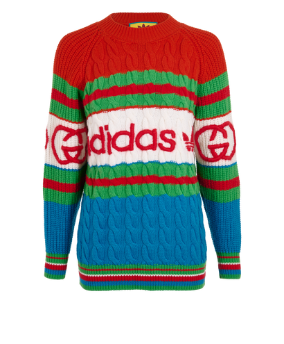 Gucci x Adidas Logo Cable Jumper, &pound;350, Clothing, Blue/Green/Red, Wool, Front view