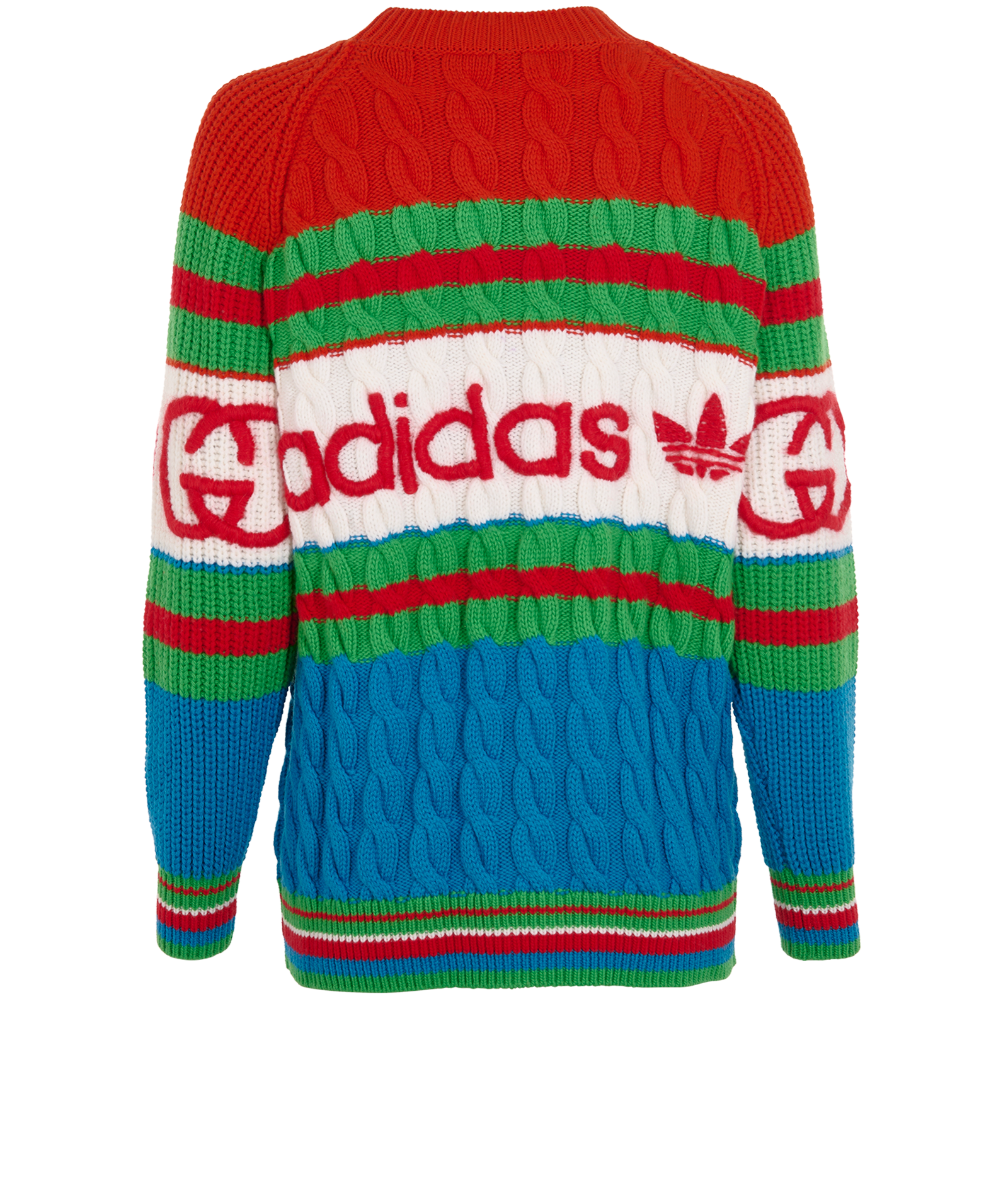 Gucci x Adidas Logo Cable Jumper, &pound;350, Clothing, Blue/Green/Red, Wool, Back view