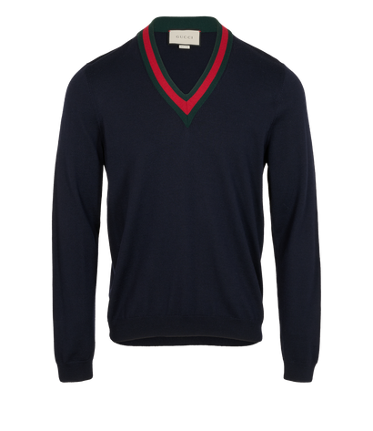 Gucci Web V-Neck Jumper, &pound;350, Clothing, Navy, Wool, Front view
