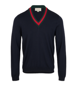 Gucci Web V-Neck Jumper, Mens, Wool, Navy, Sz XL, 3*
