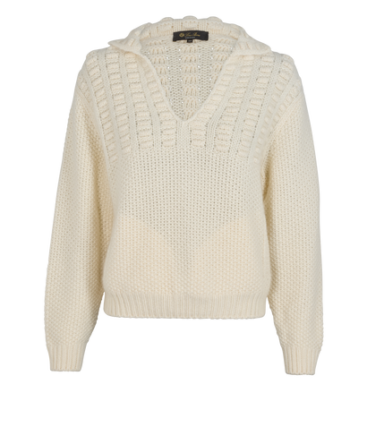 Loro Piana Cable Knit Polo Jumper, &pound;295, Clothing, Cream, Cashmere/Mohair, Front view