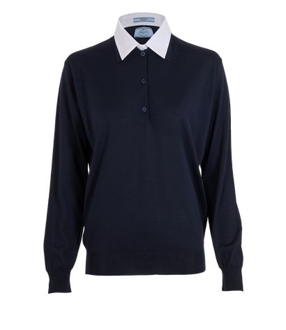 Prada Shirt Collar Fine Knit Polo Jumper, &pound;175, Clothing, Navy/White, Cotton/Wool, Front view